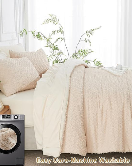 Twin Size Tufted Kids Comforter Set 6 Piece Beige Jacquard Tufts Embroidery Bedding Set for Boys Girls Bed in A Bag Quilt with 1 Comforter, 1 Flat Sheet, 1 Fitted Sheet, 1 Pillowcase and 2 Pillow Sham - LeafyLoom