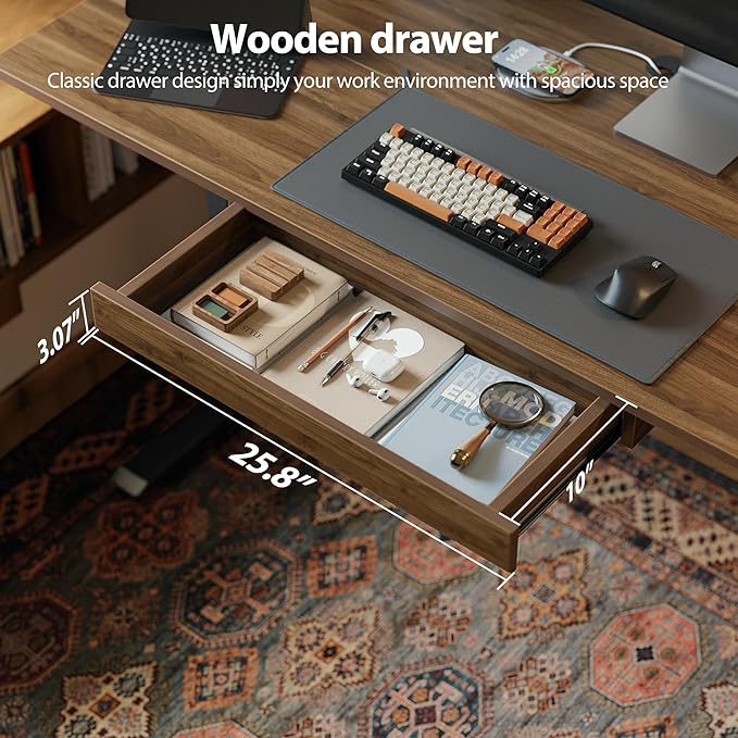Adjustable Height Electric Standing Desk with Storage Wooden Drawer, 55 x 24 Inches Stand Up Home Office Computer Gaming Table with Splice Board for Work Office Home, Dark Walnut - LeafyLoom