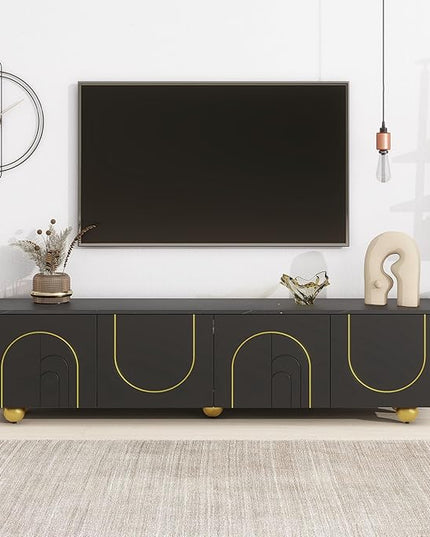 Merax Modern TV Stand for Televisions up to 75 Inches, 68.9“ Entertainment Center with Storage Cabinets and Adjustable Shelf, Media Console Table & Marble-patterned Top for Living room, Black - LeafyLoom