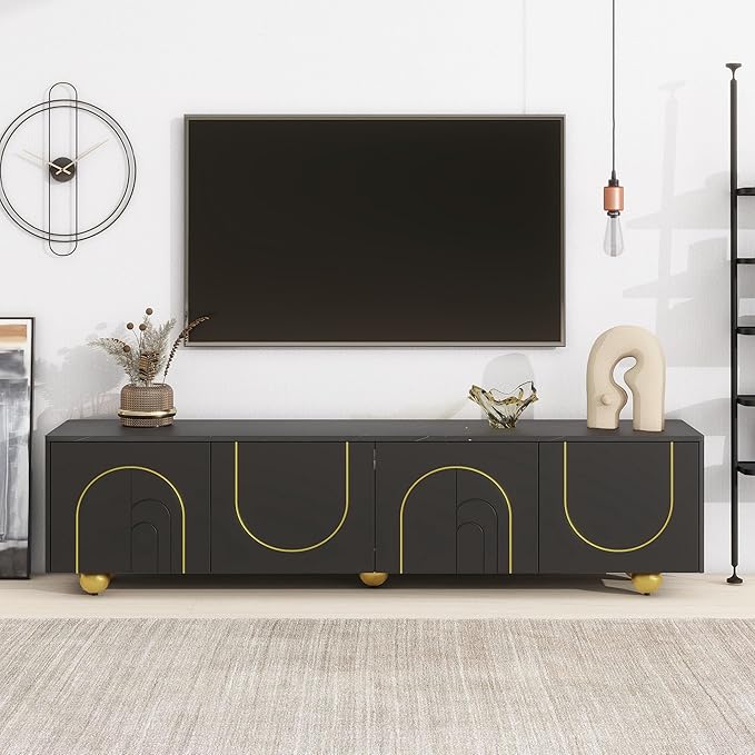Merax Modern TV Stand for Televisions up to 75 Inches, 68.9“ Entertainment Center with Storage Cabinets and Adjustable Shelf, Media Console Table & Marble-patterned Top for Living room, Black - LeafyLoom