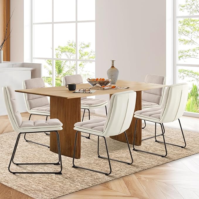 COLAMY Dining Chairs Set of 6, Modern Waffle Fabric Dining Chairs, Faux Leather Kitchen Chairs with Back for Dining Living Waiting Room, Light Brown - LeafyLoom