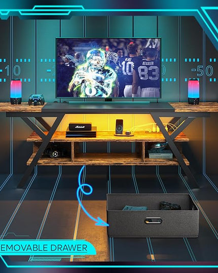 Bestier 70 Inch Gaming Tv Stands for Living Room with Power Outlet for TVs up to 75", Black Entertainment Center with Led Lights for Living Room Bedroom. Rustic Brown - LeafyLoom