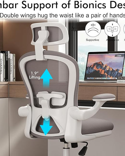 Ergonomic Office Chairs with Adjustable Lumbar Support,Mesh Desk Chair with Adjustable Arms and Wheels,Computer Desk Chair for Home Office Essentials（Headrests,White） - LeafyLoom