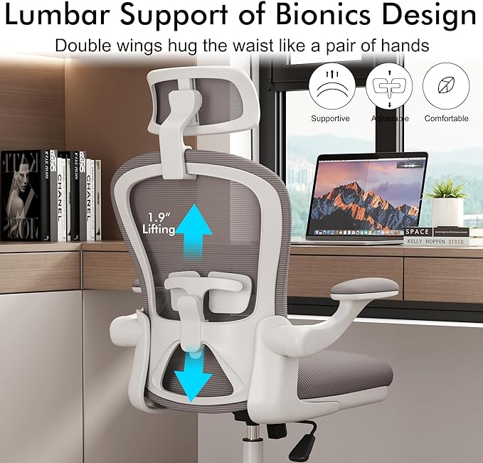 Ergonomic Office Chairs with Adjustable Lumbar Support,Mesh Desk Chair with Adjustable Arms and Wheels,Computer Desk Chair for Home Office Essentials（Headrests,White） - LeafyLoom