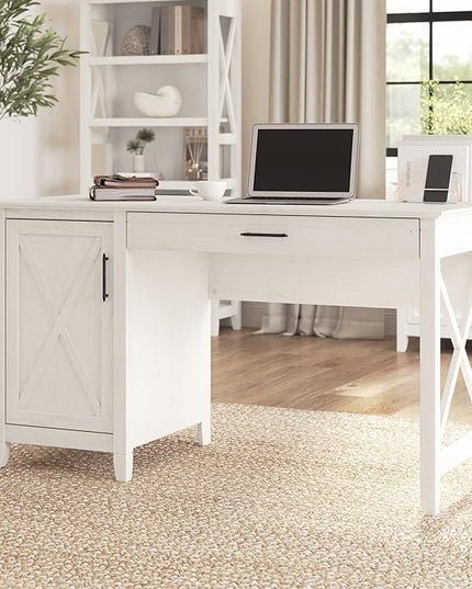 Bush Furniture Key West Bookcase Shelf in Linen White Oak | Farmhouse Bookshelf & Key West Computer Desk with Storage | Small for Home Office | Modern Farmhouse, 54W - LeafyLoom