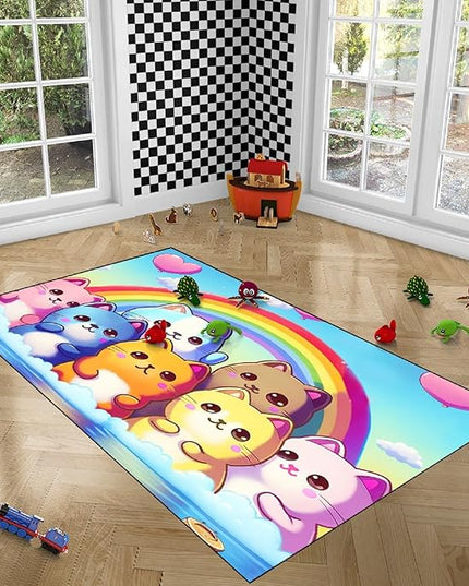 Cat Rainbow Rug for Girls Bedroom - Colorful Cat Area Rug Cat Rainbow Printed Carpet for Kids Room Cute Cartoon Cat Rug Home Decor, 4x5 Feet - LeafyLoom