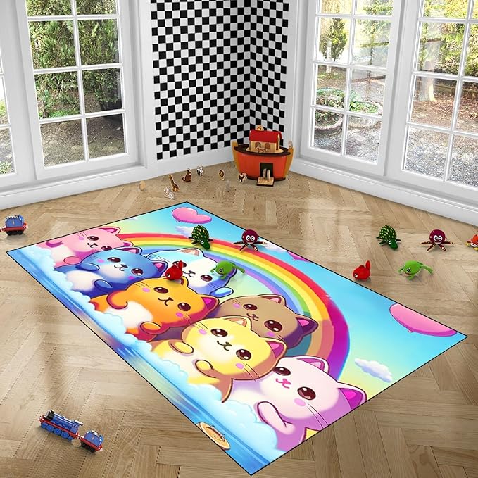 Cat Rainbow Rug for Girls Bedroom - Colorful Cat Area Rug Cat Rainbow Printed Carpet for Kids Room Cute Cartoon Cat Rug Home Decor, 4x5 Feet - LeafyLoom