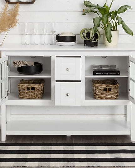 Walker Edison Charlotte Classic Glass Door Storage Buffet, 52 Inch, White - LeafyLoom