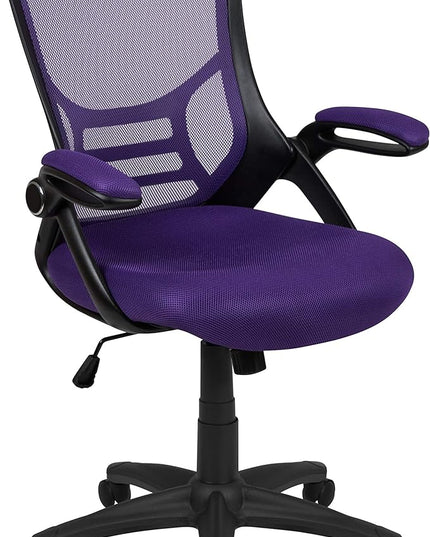 Flash Furniture Porter High-Back Swivel Office Chair with Adjustable Lumbar Support and Seat Height, Ergonomic Mesh Desk Chair with Flip-Up Armrests, Purple/Black - LeafyLoom