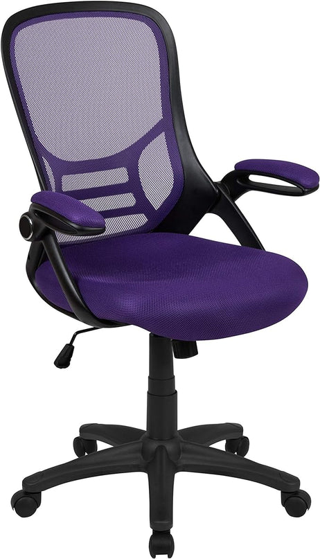 Flash Furniture Porter High-Back Swivel Office Chair with Adjustable Lumbar Support and Seat Height, Ergonomic Mesh Desk Chair with Flip-Up Armrests, Purple/Black - LeafyLoom