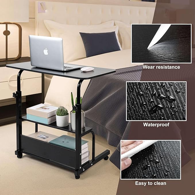 Home Office Rolling Desk Small Spaces Sofa Bedroom Bedside Adjustable Table Student Computer Wall Desk Portable Learn Play Game Desk on Wheels Movable with Storage Size 31.5 * 15.7 Inch Black C - LeafyLoom