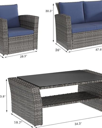 Solaste 4 Piece Outdoor Patio Furniture Set, Outdoor Sectional Sofa with Tempered Glass Coffee Table and Cushions, Wicker Rattan Patio Set for Backyard, Front Porch, Balcony, Blue - LeafyLoom