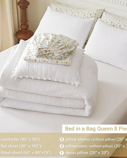 8 Piece Woven Texture White Comforter Set Queen, Bed in A Bag Bedding Sets Queen with Comforter and Sheets, Soft Lightweight Comforter Set with Deocor Throw Pillow, White - LeafyLoom