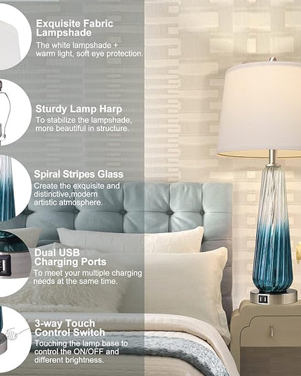 Table Lamps Set of 2 with Touch Control, 3-Way Dimmable Modern Glass Bedside Lamps with 2 USB Ports, Nightstand Lamp with White Fabric Shade, 27.5" Large Lamps for Living Room Bedrooms Decorations - LeafyLoom