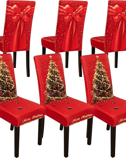 6PCS Christmas Dining Chair Covers Stretch Removable Washable Dining Room Chair Protector Slipcover 3D Print Xmas Tree Bow Tie Kitchen Chair Cover Slipcovers for Xmas Holiday Party Home Décor CZL