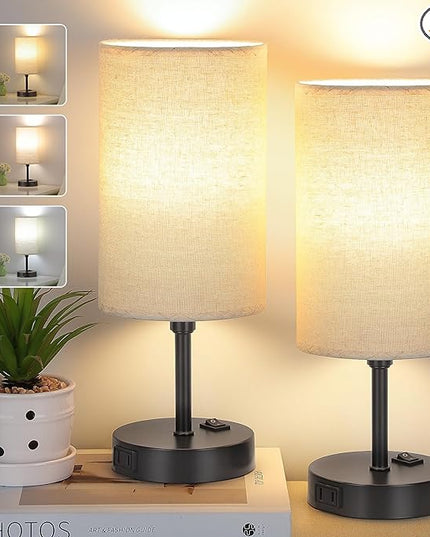 GGOYING Bedside Table Lamp,3-Way Dimmable Bedside Lamps 2700K 3500K 5000K with AC Outlet,Beige Cylindrical Lampshade for Livingroom Office Reading Working Kid - LeafyLoom