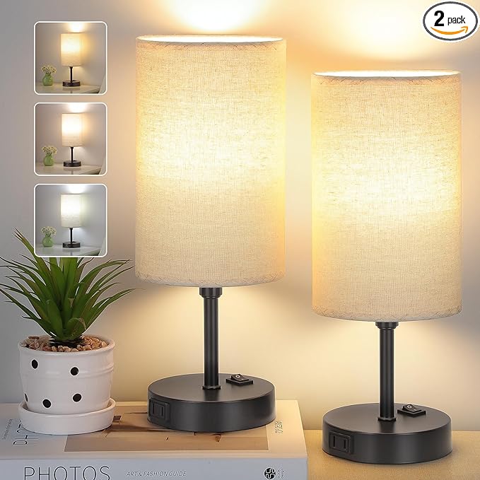 GGOYING Bedside Table Lamp,3-Way Dimmable Bedside Lamps 2700K 3500K 5000K with AC Outlet,Beige Cylindrical Lampshade for Livingroom Office Reading Working Kid - LeafyLoom