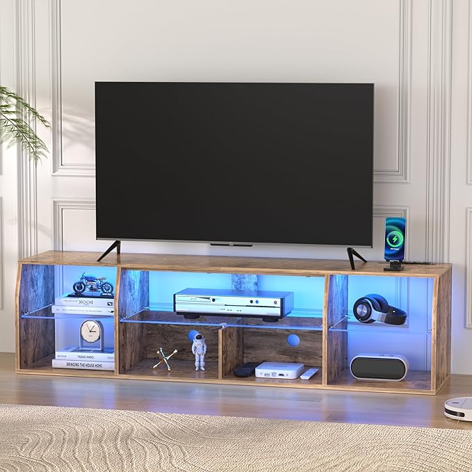 VECELO LED TV Stand Power Outlet for 70 inch Gaming Entertainment Center with 7 Open Storage Shelves, Industrial Television Cabinet for Living Room, Bedroom, Light Brown, 70inch - LeafyLoom