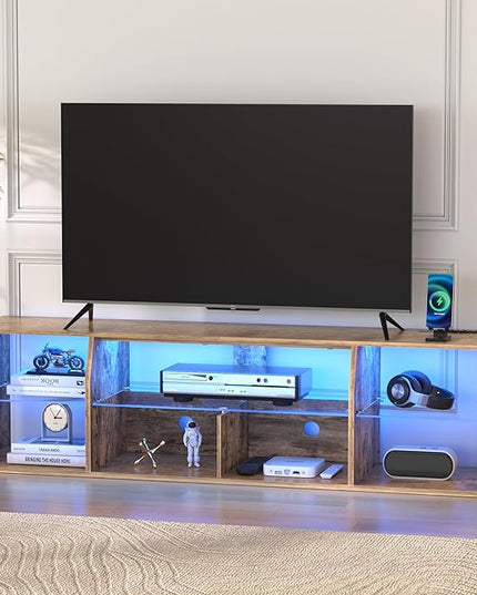 VECELO LED TV Stand Power Outlet for 55 inch Gaming Entertainment Center with 7 Open Storage Shelves, Industrial Television Cabinet for Living Room, Bedroom, Light Brown, 55inch - LeafyLoom