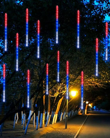 Dazzle Bright 4th of July Lights Decorations, 288LED Red Blue and White Meteor Shower Rain Lights 12Inch 8 Tubes, Waterproof Plug in Falling Rain Lights Independence Day for Outdoor Yard DazzleBright