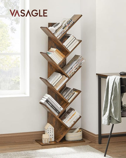 VASAGLE Tree Bookshelf, 9-Tier Bookcase, Large Bookshelf, Space-Saving Corner Shelf, Book Tree, Holds Books, CDs, Games, for Bedroom, Living Room, Home Office, Rustic Brown ULBC11BX - LeafyLoom