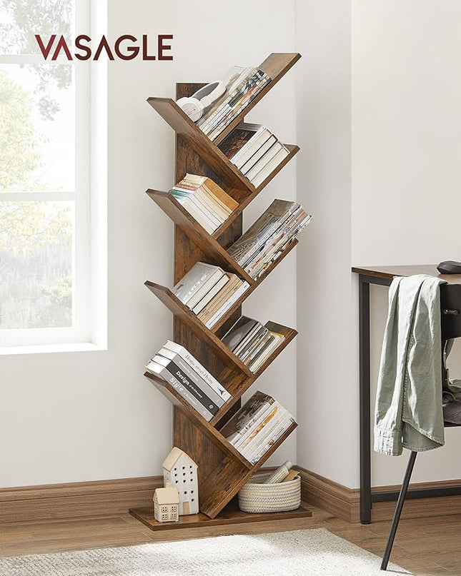 VASAGLE Tree Bookshelf, 9-Tier Bookcase, Large Bookshelf, Space-Saving Corner Shelf, Book Tree, Holds Books, CDs, Games, for Bedroom, Living Room, Home Office, Rustic Brown ULBC11BX - LeafyLoom