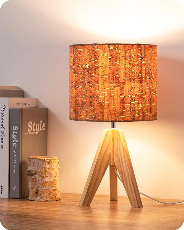 EDISHINE Small Table Lamp, Wooden Tripod Nightstand Lamp with Bark Linen Shade, Farmhouse Bedside Lamp for Nursery, Bedroom, Kids Room, Office, Reading Desk, 14.2 Inch, E26 Socket, ON/Off Switch - LeafyLoom