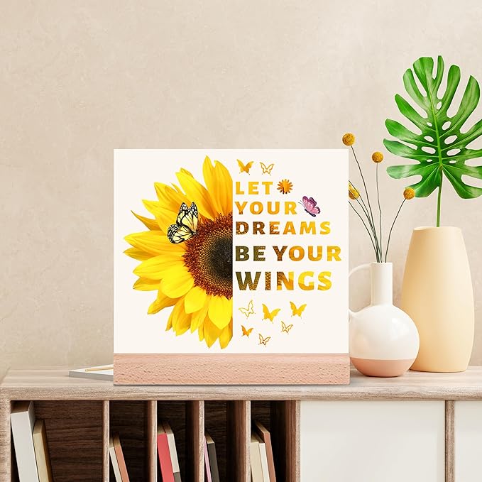 TIKTREE Inspirational Gifts for Women, Let Your Dreams Be Your Wings Positive Sign, Sunflower Motivational Gifts, Cheer Up Gifts for Women, Home Office Desk Decor with Wood Base - LeafyLoom