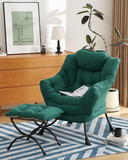 Lazy Chair with Ottoman, Modern Chair with Folding Footrest, Lounge Accent Chair, Comfortable Reading Chair (Peach Dark Green) - LeafyLoom