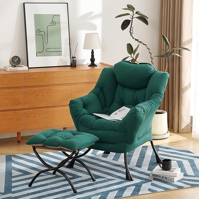 Lazy Chair with Ottoman, Modern Chair with Folding Footrest, Lounge Accent Chair, Comfortable Reading Chair (Peach Dark Green) - LeafyLoom