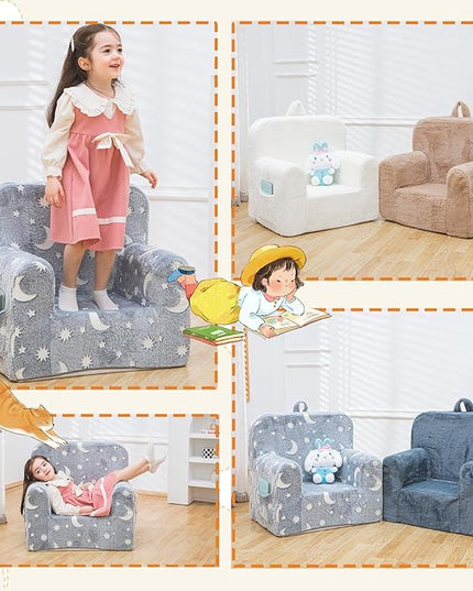 Snuggly-Soft Cuddly Toddler Plush Armchair for Boys and Girls Fuzzy Plush Kids Sofa Couch Reading Chair with Children Friendly Handle for Easy Movement & Double Pockets for Storage, Glowing Grey - LeafyLoom