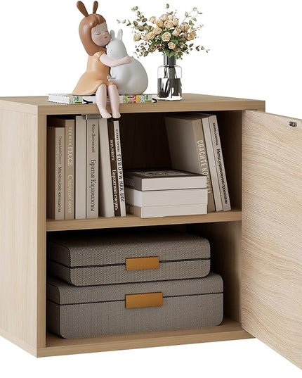 Storage Cube 2 Tires Natural Stackable Storage Shelf with Door, Cubby Organizer Wooden Display Shelf Closet Organizer,Modern Cubical Bookcase Small Storage Cabinet for Living Room Bedroom - LeafyLoom