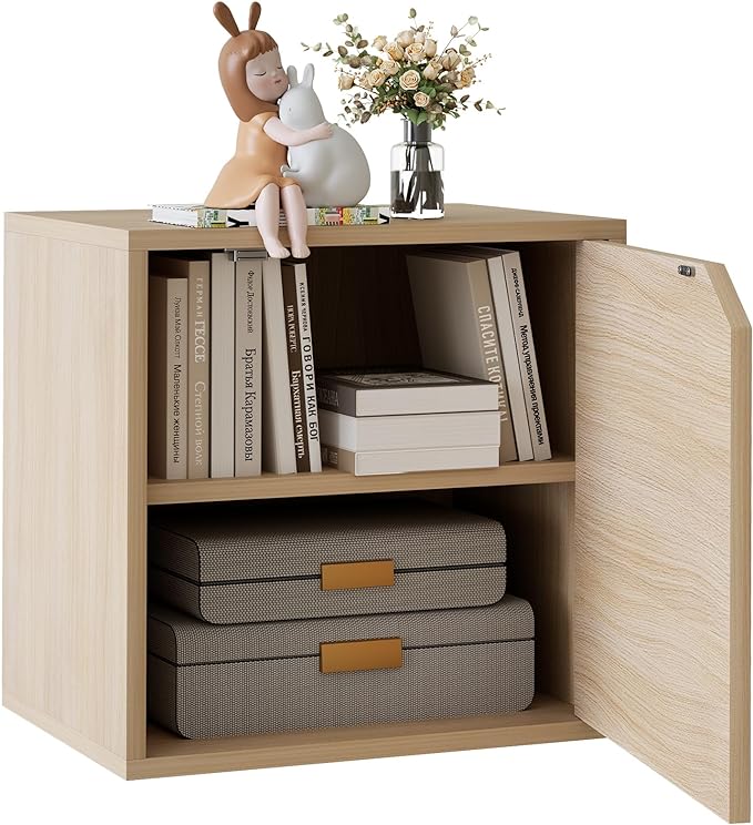 Storage Cube 2 Tires Natural Stackable Storage Shelf with Door, Cubby Organizer Wooden Display Shelf Closet Organizer,Modern Cubical Bookcase Small Storage Cabinet for Living Room Bedroom - LeafyLoom