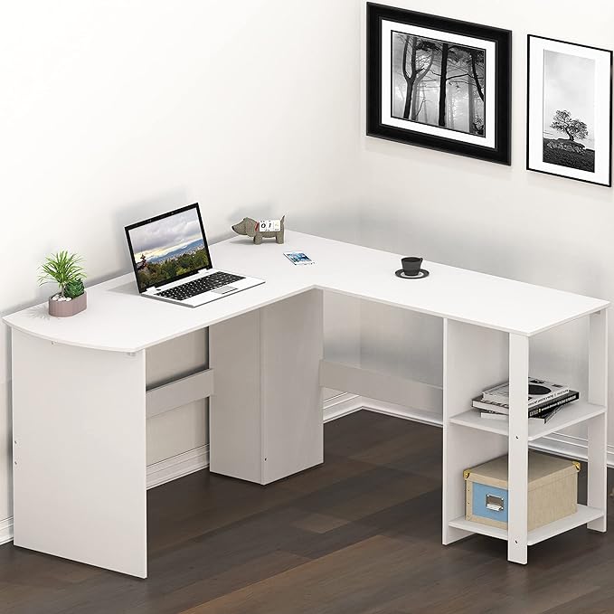 SHW L-Shaped Home Office Wood Corner Desk, White - LeafyLoom