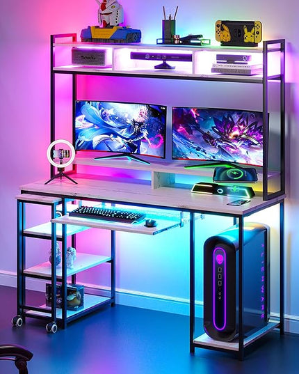 Lvifur RGB Gaming Desk with Wireless Charging Station,7 Dynamic & 24 Static Dimmable Computer Desk with Movable Table, 55'' Home Office Small Desk with Keyboard Tray,Monitor Stand,Display Stand - LeafyLoom