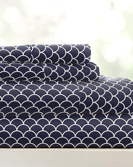4 Piece California King Bedding Sheet Set (Navy Scallops) - Sleep Better Than Ever with These Ultra-Soft & Cooling Bed Sheets for Your Cal King Size Bed - Deep Pocket Fits 16" Mattress - LeafyLoom