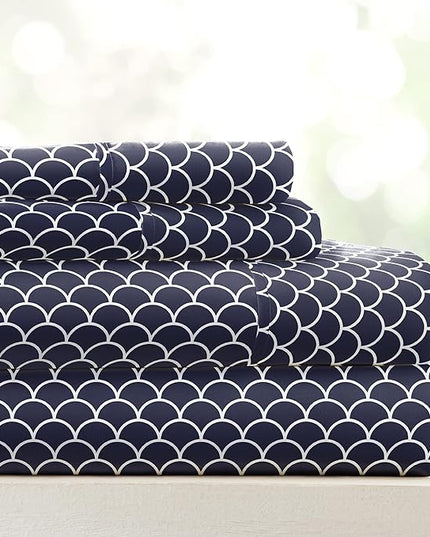 3 Piece Twin Bedding Sheet Set (Navy Scallops) - Sleep Better Than Ever with These Ultra-Soft & Cooling Bed Sheets for Your Twin Size Bed - Deep Pocket Fits 16" Mattress - LeafyLoom