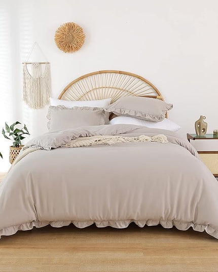 JANZAA King Size Ruffled Comforter Set Soft Vintage Farmhouse Bed Set Shabby Fluffy 3PCS Bedding (1 Oatmeal Comforter Set and 2 Pillowcases) - LeafyLoom