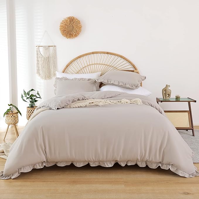 JANZAA King Size Ruffled Comforter Set Soft Vintage Farmhouse Bed Set Shabby Fluffy 3PCS Bedding (1 Oatmeal Comforter Set and 2 Pillowcases) - LeafyLoom