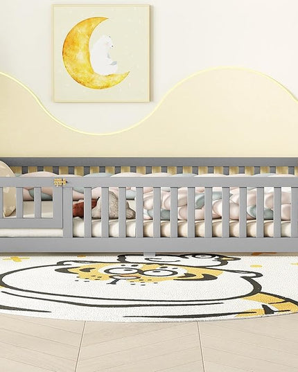 Multifunctional Twin Size Floor Bed with Safety Guardrails and Door, Removable Wood Slats, Montessori Beds Frame for Toddlers, Easy Assembly, for Boys and Girls Room, Gray - LeafyLoom