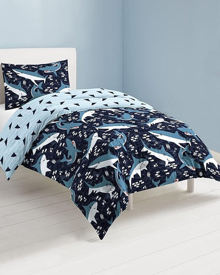 Dream Factory Sharks Boys Full Queen Size Boys Bedding Set Cotton Kids Comforter Set with Sham, 3 Piece, Full/Queen, Navy - LeafyLoom