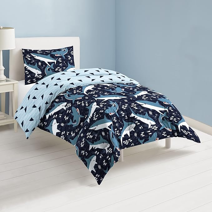 Dream Factory Sharks Boys Full Queen Size Boys Bedding Set Cotton Kids Comforter Set with Sham, 3 Piece, Full/Queen, Navy - LeafyLoom