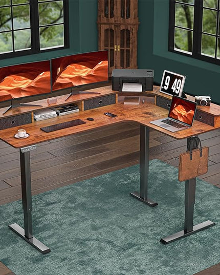 67 Inch L Shaped Electric Standing Desk with 4 Drawers, Height Adjustable Corner Desk with Monitor Stand for Home Office, Rustic Brown - LeafyLoom