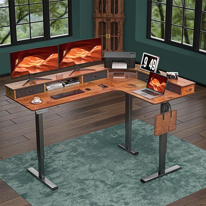67 Inch L Shaped Electric Standing Desk with 4 Drawers, Height Adjustable Corner Desk with Monitor Stand for Home Office, Rustic Brown - LeafyLoom