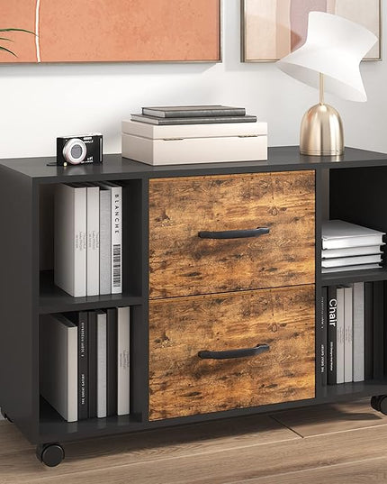 sogesfurniture Mobile Lateral Filing Cabinet with 2 Drawers,Lateral Office Cabinet Printer Stand, Multifunctional Storage Cabinet with Open Shelves and Castors for Home & Office (Brown) - LeafyLoom