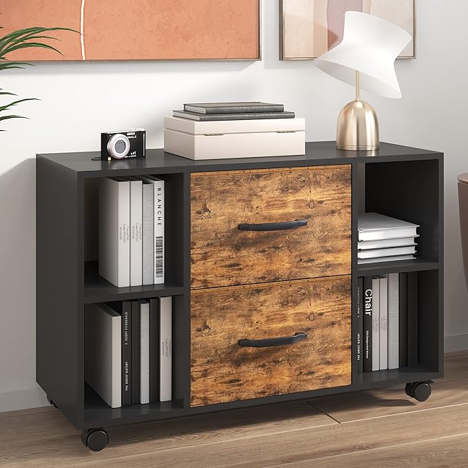 sogesfurniture Mobile Lateral Filing Cabinet with 2 Drawers,Lateral Office Cabinet Printer Stand, Multifunctional Storage Cabinet with Open Shelves and Castors for Home & Office (Brown) - LeafyLoom