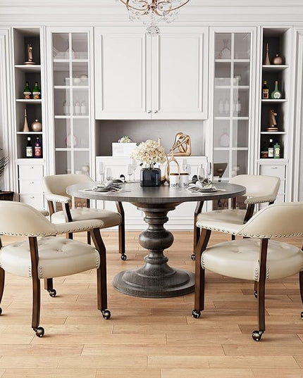 Large Dining Chairs with Casters and Arms, Rolling Dining Chairs with Wheels, Solid Wood Office Desk Chairs, 26“Dx25.2 Wx31.5“H, Espresso Legs & Beige PU, XXY-1910-BG - LeafyLoom