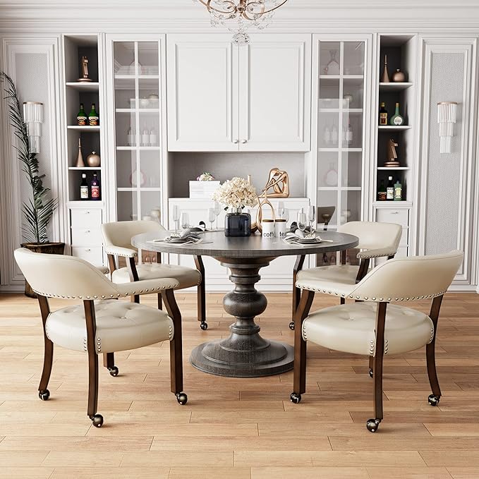 Large Dining Chairs with Casters and Arms, Rolling Dining Chairs with Wheels, Solid Wood Office Desk Chairs, 26“Dx25.2 Wx31.5“H, Espresso Legs & Beige PU, XXY-1910-BG - LeafyLoom