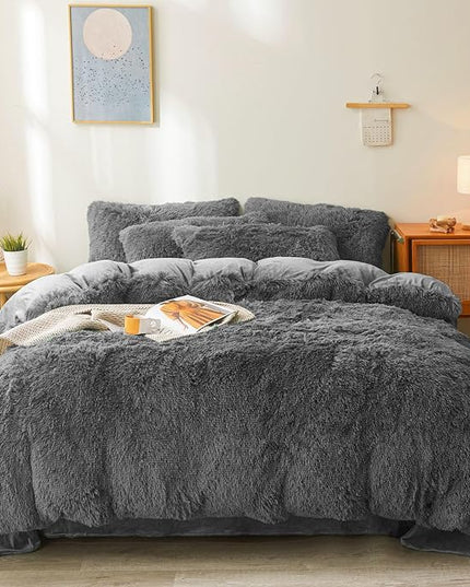 FOPPA Dark grey fluffy Comforter Cover Set king- Ultra Soft fluffy Dark grey Bedding Sets 3 Pieces (1 Duvet Cover + 2 Pillow case) Dark grey fluffy bed set (Dark Grey, King) - LeafyLoom