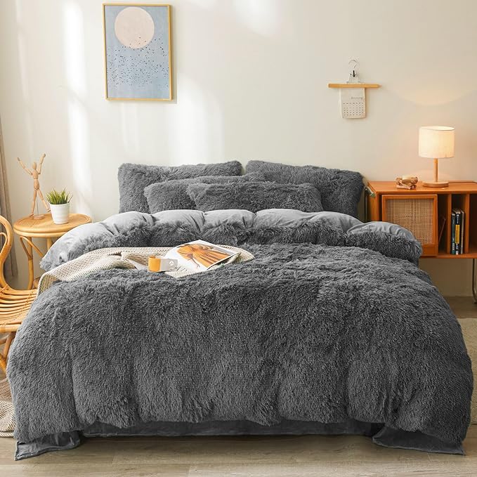 Fluffy dark grey comforters Cover twin size - Ultra Soft Plush dark grey bedding Sets 2 Pieces (1 faux fur comforter Cover + 1 fuzzy pillow case) girls shaggy dark grey twin bed set (Dark Grey, Twin) - LeafyLoom